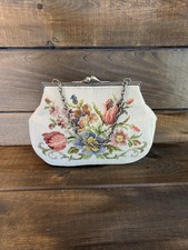 Vintage Needlepoint Beige Purse / Handbag With Floral Design EUC