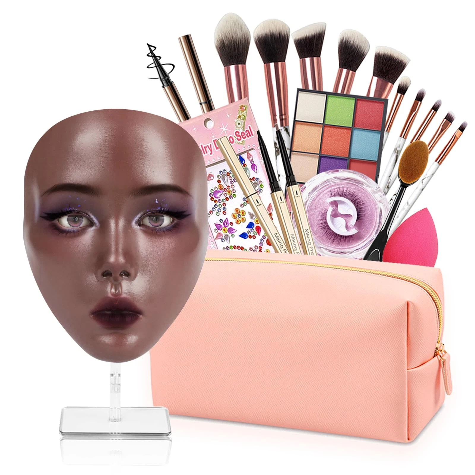 Makeup Mannequin Face - Silicone Head with Makeup Kit, Brushes & Bag for Prac...