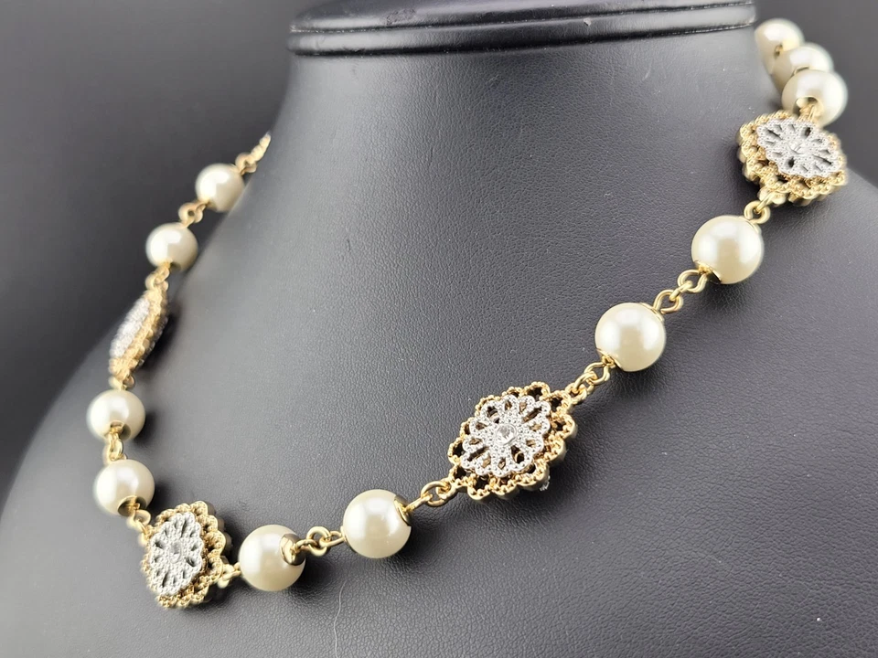 Подписанный чартер клуб стекла жемчуг серебро золото филигранный цветок цепочка ожерелье - Изображение 3 из 4