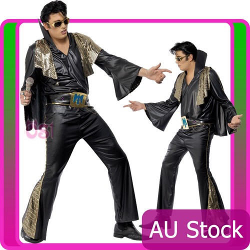 Mens Elvis Presley Black Gold Costume Rock and Roll 50s 1950s Rock n