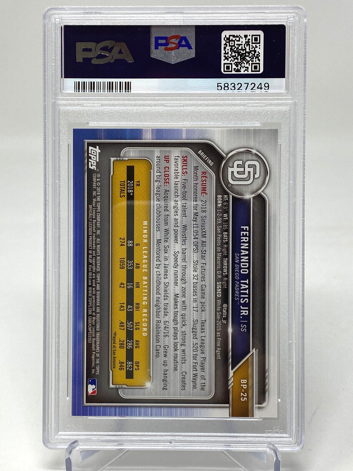 2019 Bowman Prospects  Fernando Tatis Jr.  Rookie Card - PSA 9 view 2