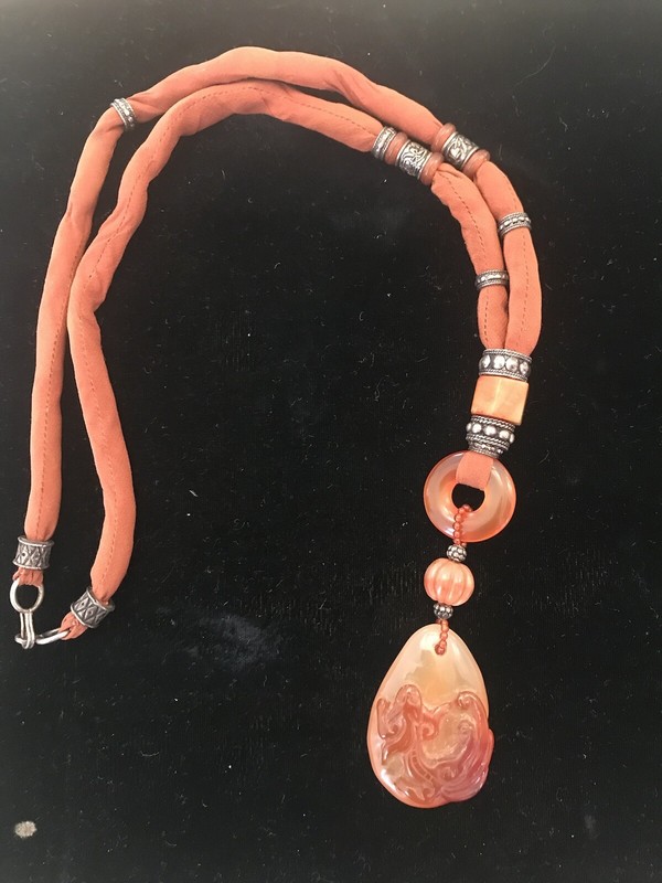 Antique Chinese Carneol  Qi Lin Necklace Silver Silk