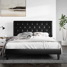 Queen Faux Leather Upholstered Platform Bed with Button Tufted Headboard, Black