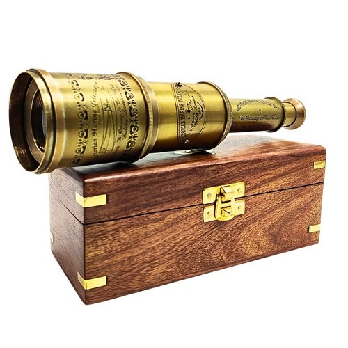 Telescopio in ottone con scatola in legno incisibile funzionante pirati spyglass per escursionismo - Foto 6 di 6