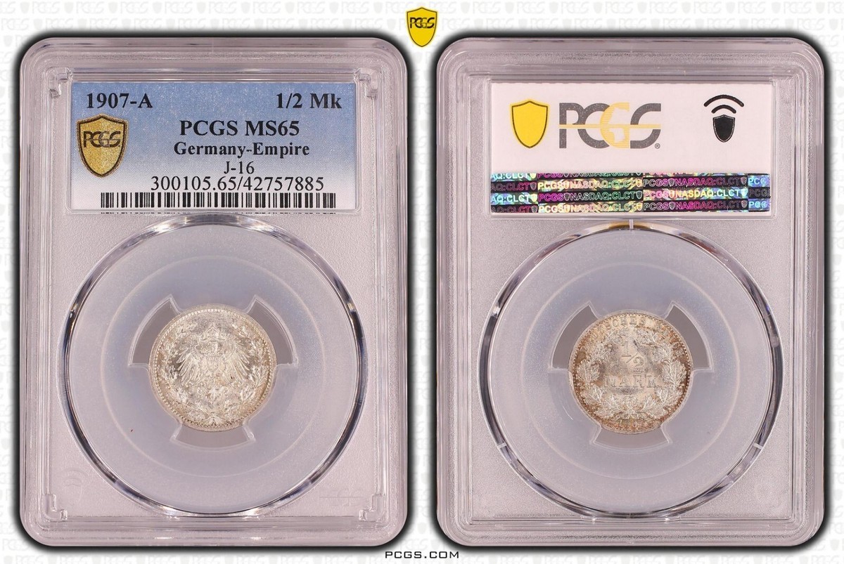 PCGS MS65 German Empire Silver Coin - 1/2 Mark 1907 Hitler Art