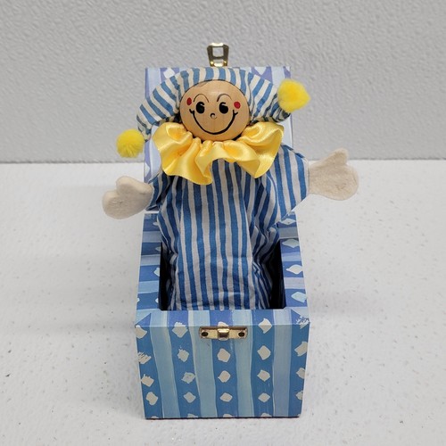 JACK IN THE BOX COMPANY English Handmade Wooden Toy Jester Vintage Blue Box