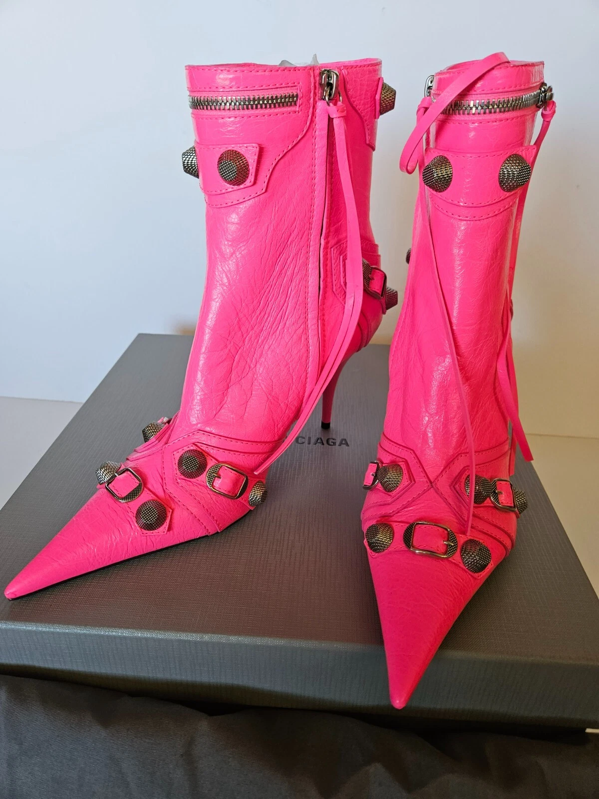 Balenciaga — Balenciaga Cagole Lambskin Buckle Zip Ankle Booties Pink Eur 41/ US 11
