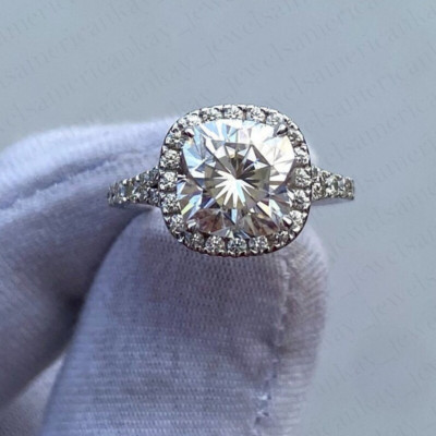 2.45Ctw Cushion Cut Moissanite Split Shank Engagement Ring 14k White Gold Plated