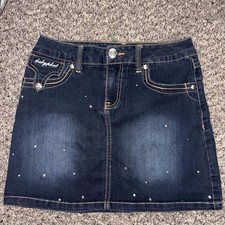 Baby Phat Blue Denim Mini Skirt XS Studded Cat Embroidery Pockets Urban Style
