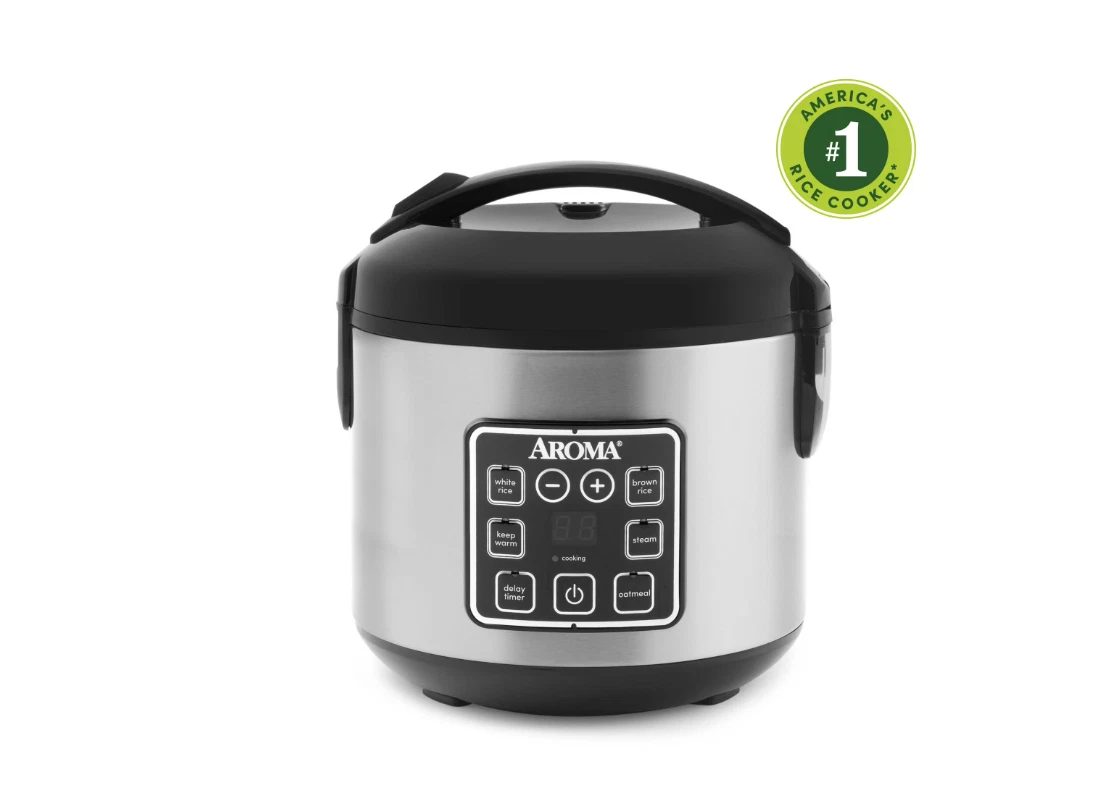 Digital rice cooker and food steamer, 8-cup capacity, ceramic non-stick coating.