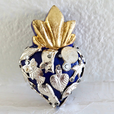 Mexican Milagros Sacred Heart Purple Gold Leaf Flame Handmade Mexico Folk Art