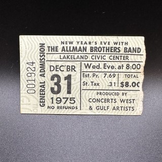 ALLMAN BROTHERS BAND CONCERT TICKET STUB DEC 31 1975 LAKELAND CIVIC CENTER