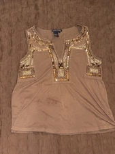 Brown Rhinestone Loose Flow Womens Top Casual and Classy