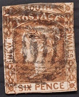 1852 NSW Australia 6d van Dyke Brown Imp Laureate stamp Used Blued paper £275.00