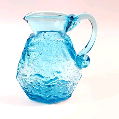 Mini Aqua Blue Fused Glass Crinkle Glass Pitcher Delicate Handle 4'' 8 Oz