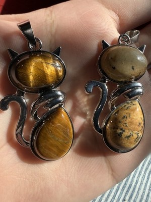 Cat Tiger's Eye Cabochon Jasper Pendant Charm Brown Silver Tone Bezel 2 Gem