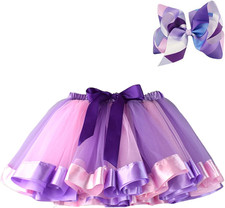 Layered Rainbow Tulle Tutu Skirt for Girls with Colorful Hair Bows