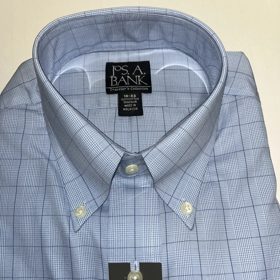 Camisa de vestir Jos A Bank Traveler 16-33 tradicional azul claro a cuadros nueva con etiquetas Foto 3 de 4