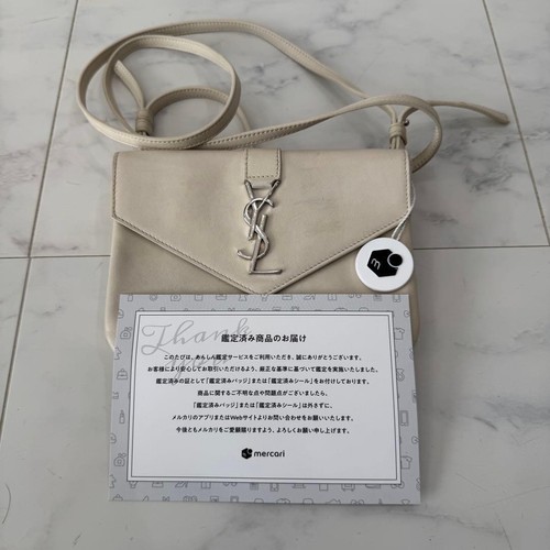 Saint Laurent YSL Monogram Envelope Crossbody Bag Beige Leather Strap Auth FS