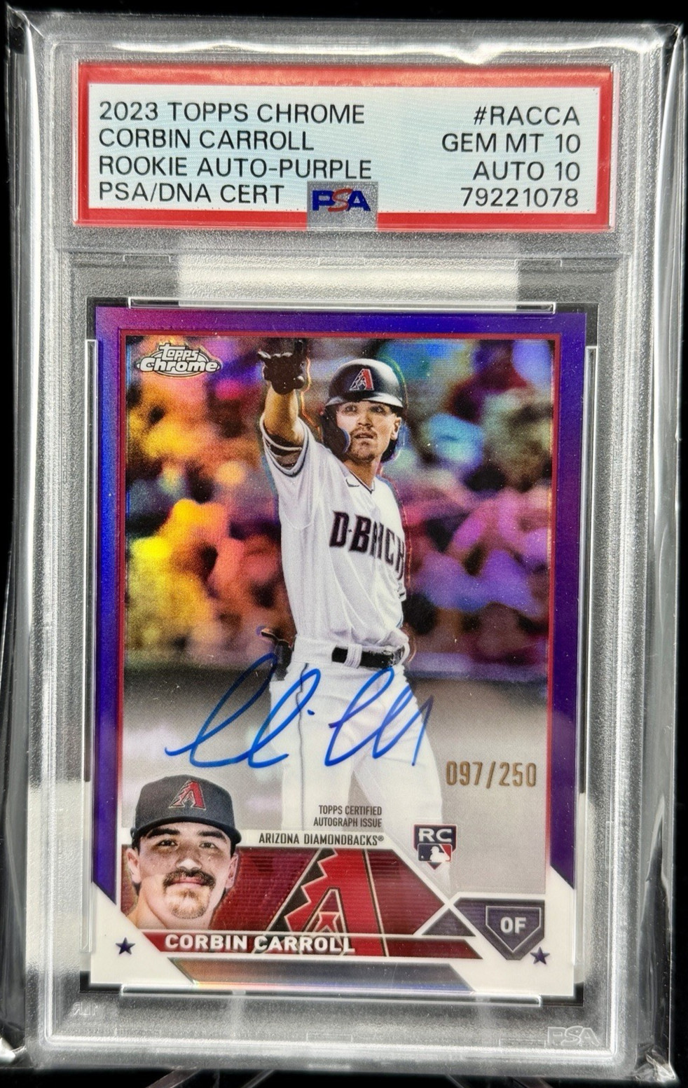 2023 Topps Chrome Rookie Autograph Corbin Carroll Purple Refractor /250 PSA 10