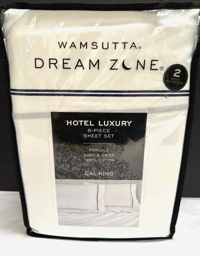 6 pc Wamsutta Dream Zone Hotel Luxury White/Navy  CAL-KING PERCALE  Sheet Set