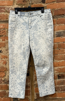 Chico's Platinum SZ 1 Floral Lace Print Light Blue Denim Crop Jeans Pants