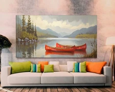 Vintage Red Canoe Art, Rustic Wall Decor Canvas Print, Perfect Nautical Decor