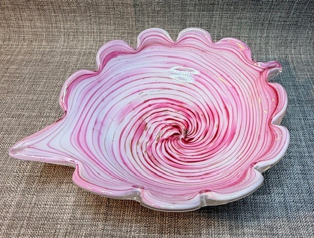 Murano Art Glass Bowl Fratelli Toso Pink Swirl Aventurine Scalloped Leaf