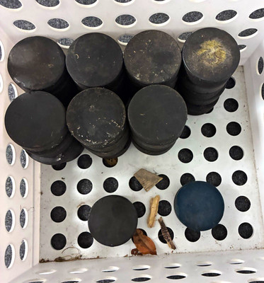 37 Ice Hockey Pucks Lot - Standard Rubber, Firm, Black/Blue, Recreation Use