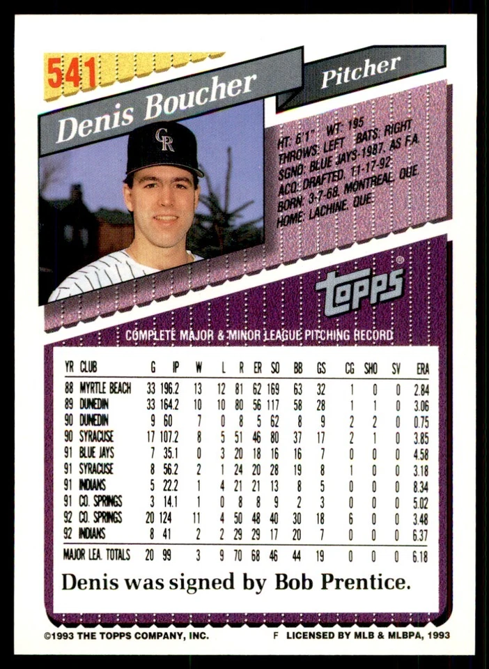 1993 Topps Inaugural Colorado Rockies Denis Boucher #541 - Image 2 of 2