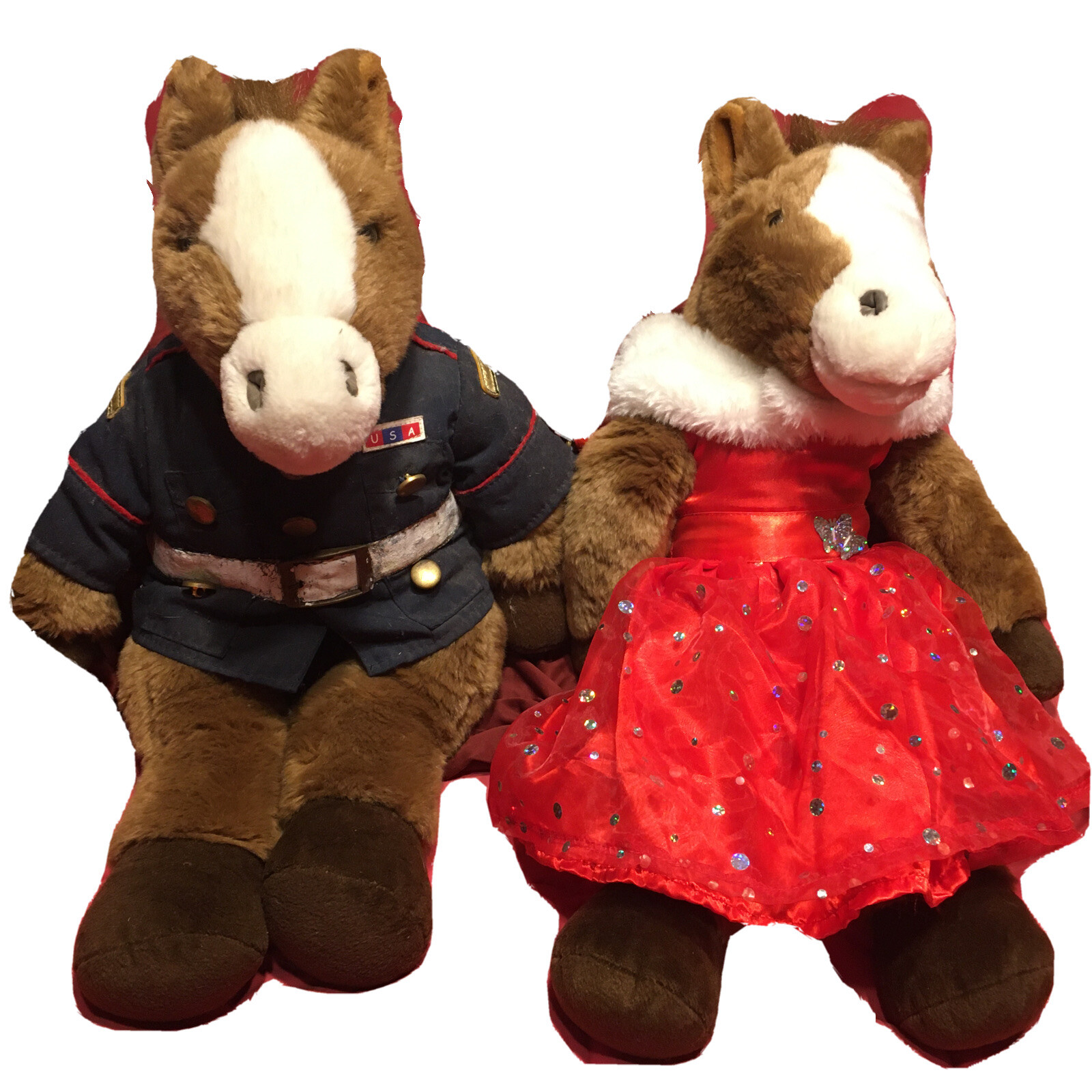 BABW Cavalli Peluche 20” Coppia Marrone Bianco Naso Imbottito Pony Uno Ha Suoni Giocattoli Vintage