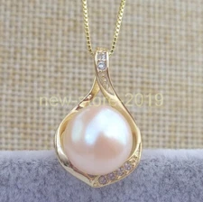 18" Beautiful AAA Akoya 9-10mm Pink Real Pearl Single Pendant Necklace