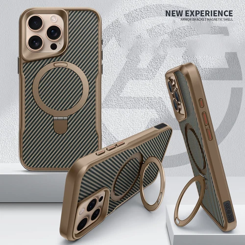 For iPhone 16 Pro Max 15 14 13 Carbon Fiber Pattern Ring Stand Mag Safe Case 