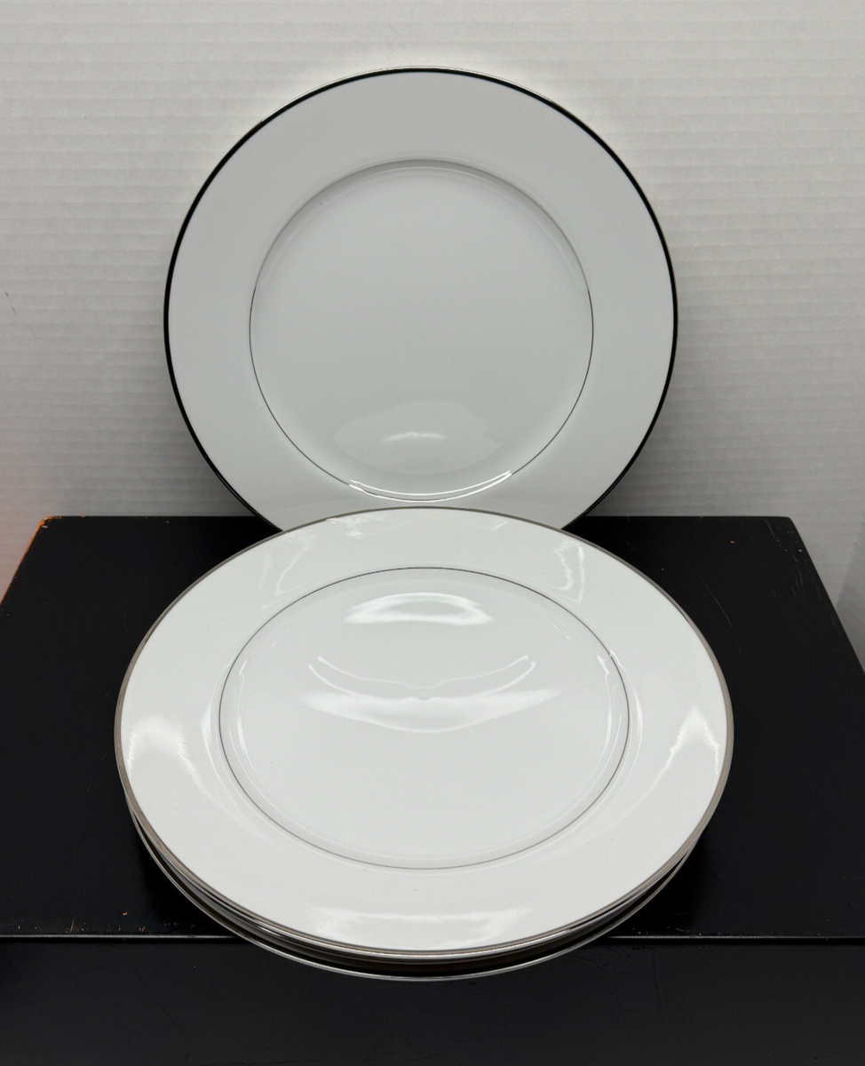 Set of Simplicity Society Dinner Plates China White Silver Trim 10 1/4