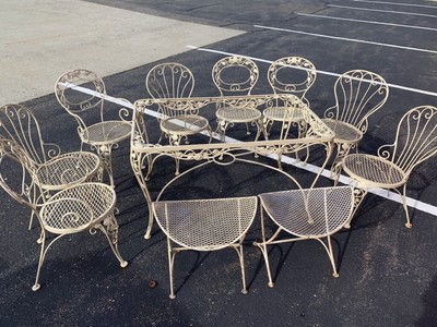 Vintage Wrought Iron Patio Furniture Set Table And 10 Chairs Ebay