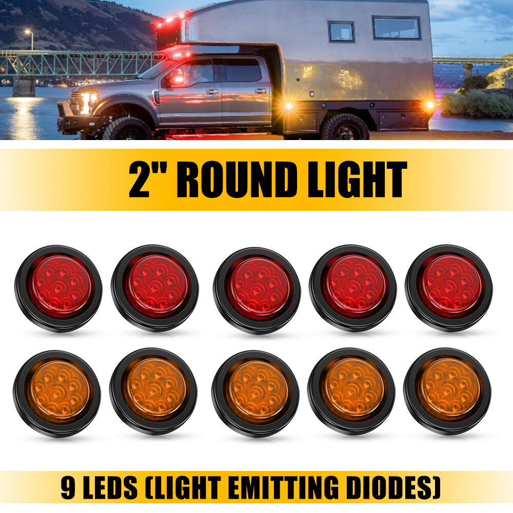 2-Inch LED Round Side Marker Lights for Trucks Trailers Amber Red 10PCS Set