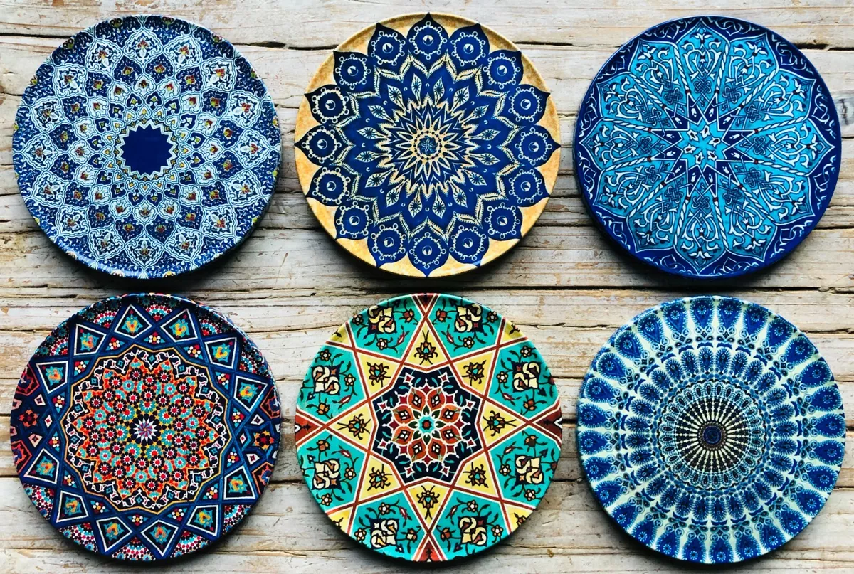 Drink Coasters Set Of 6 Turkish Moroccan Design Round Coaster Tea Coffee Cup  Mat