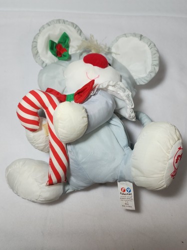 Vintage Fisher Price Puffalumps Gray 11” Plush Christmas Mouse W/ Candy Cane - Picture 10 of 15