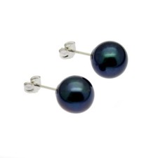 Black Pearl Stud Earrings 9ct White Gold Fabulous AAA 9mm Round Freshwater Pearl