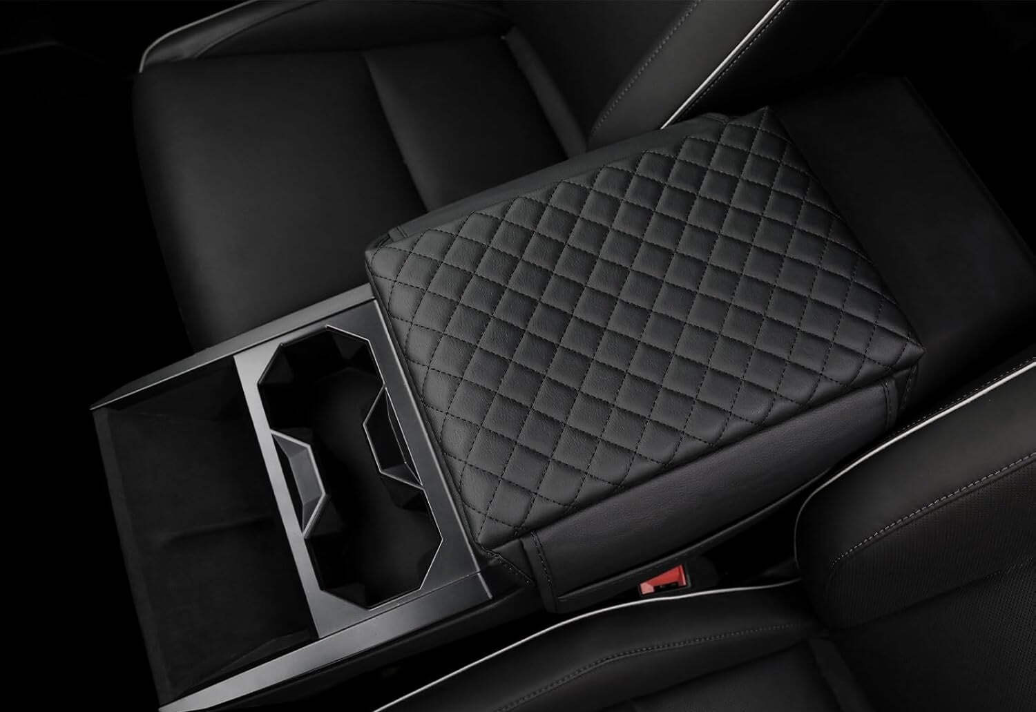Tesla Cybertruck Leather Padded Console Cushion Armrest Cover W/ Pockets, Black