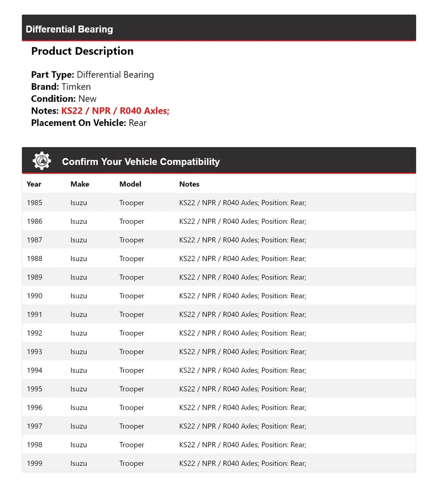 Cojinete diferencial trasero para Isuzu Trooper 1985-1999 Timken 1986 1987 1988 1989 Foto 2 de 4