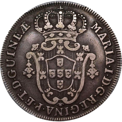 1796 Angola 6 Macutas, PCGS VF 35, Lisbon Mint, Maria I & Pedro III, KM-33