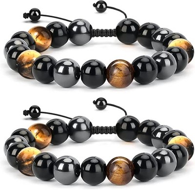Tigerauge Armband,Schwarzer Turmalin Stein Armband Dreifachem Schutz, Obsidian