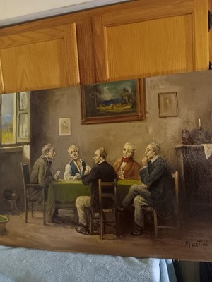 Original Oil On Board Signed Martini, Five Men Playing Cards Measures: ...