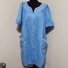 Dan-Ellen Blue Snap-Up Dress with Pockets Floral Embellishments Vintage