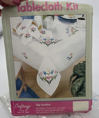Vintage Craftways Tulip Sunshine Cross Stitch Tablecloth Kit Floral 60x90in Open
