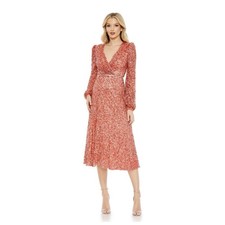 Mac Duggal 5588 Coral Embellished Long Sleeve Midi Dress Size 4 $398