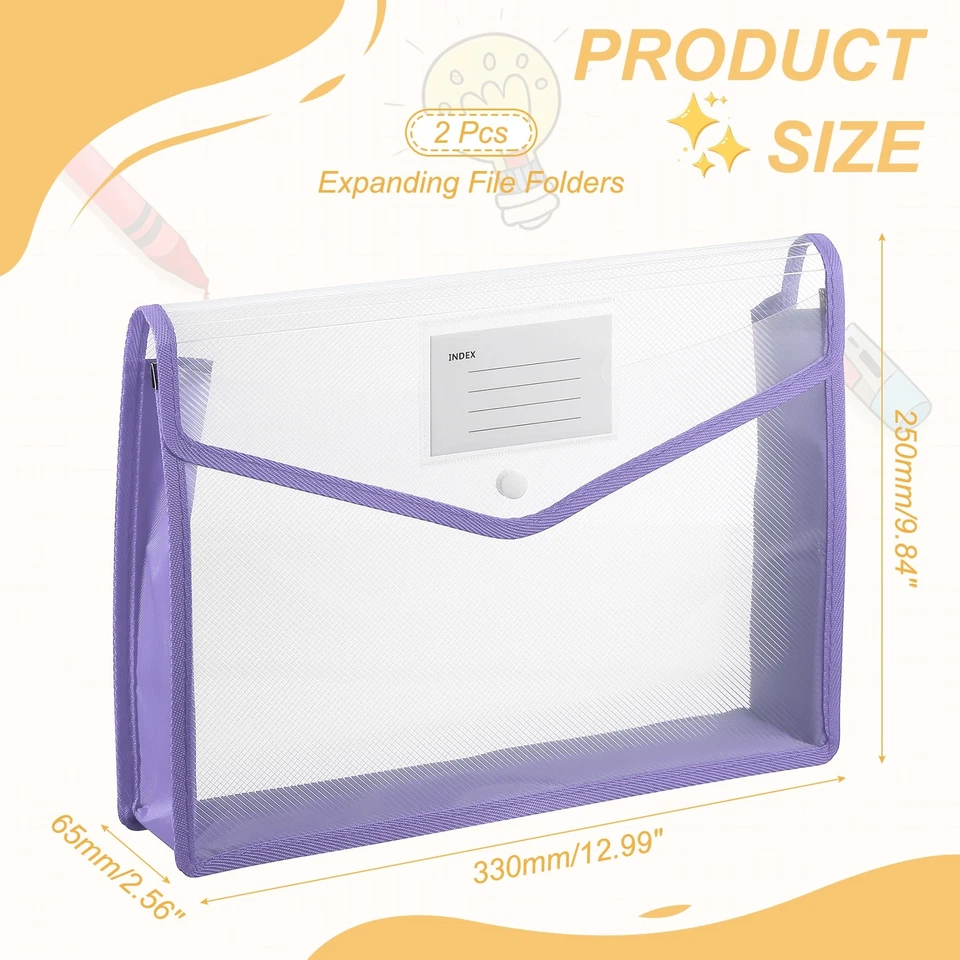 2 Pack A4 Plastic File Folders with Snap Closure, Purple, Horizontal - Изображение 2 из 4
