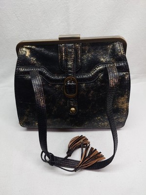 Patricia Nash Lame Black & Gold Leather Frame Satchel Purse Clasp Closure Women
