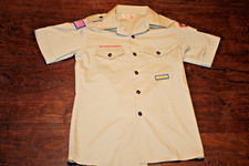 Boy Scouts of America BSA Youth Shirt Large 16 Tan Sewn Patches Short Sleeve